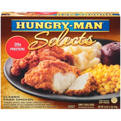 Hungry man meals - Hungry-Man Dinner, Boneless Fried Chicken. If you’re looking for a frozen fried chicken option that will give you a hearty meal, the Hungry-Man Dinner is definitely worth checking out. This frozen dinner comes with a deep-fried boneless chicken breast, mashed potatoes, cornbread, and your choice of either brown sugar or …